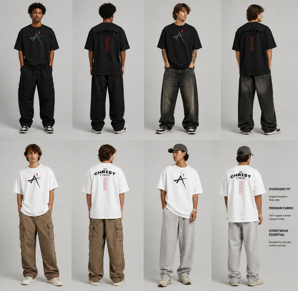 Oversized high neck t-shirt — full lookbook in black and white